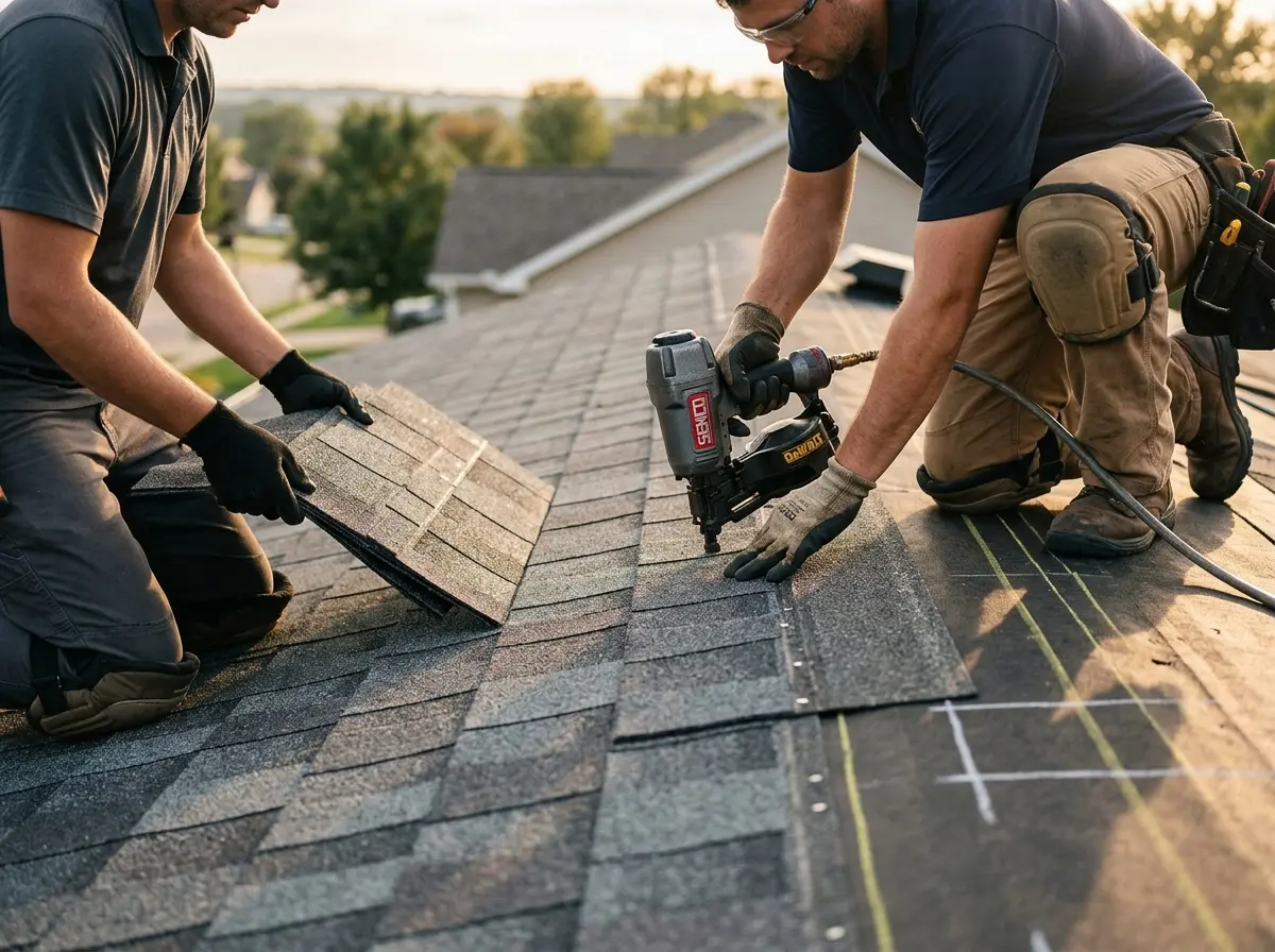 Professional roofer working on a residential roof in Cranford